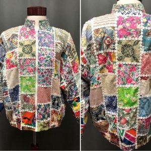 Vintage quilt coat patchwork jacket 80s bomber jacket 
pattern floral jacket